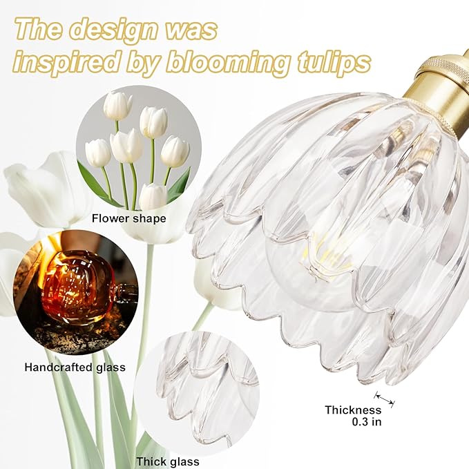 Vintage Bathroom Light Fixtures,4-Light Hardwired Vanity Lights Over Mirror,Gold Wall Sconces with Clear Tulip Glass Shade for Bathroom Living Room,E26 Socket(Bulbs Not Included)
