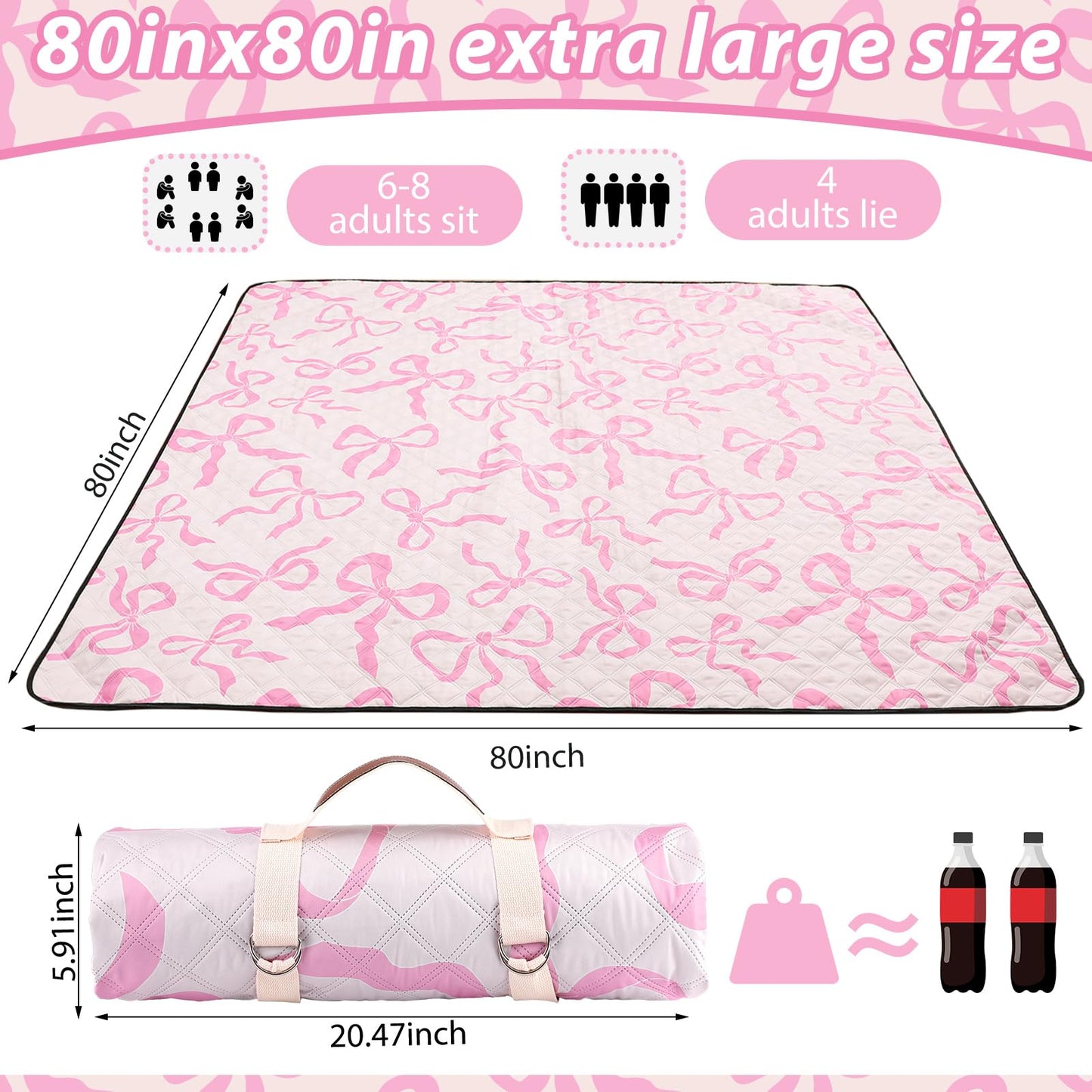 SmoothNovelty Pink Bow Picnic Blanket 80'' x 80'' Waterproof Extra Large Camping Blanket Coquette Picnic Mat Foldable Portable Preppy Outdoor Beach Mat with Carry Strap for Outdoor Grass Lawn Park