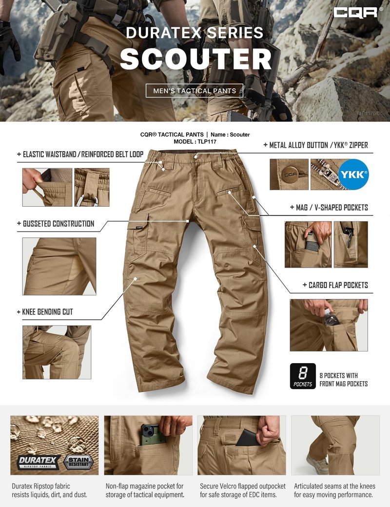 CQR Men's Tactical Pants, Water Resistant Ripstop Cargo Pants, Lightweight EDC Work Hiking Pants, Outdoor Apparel, Raider Cougar, 30W x 30L