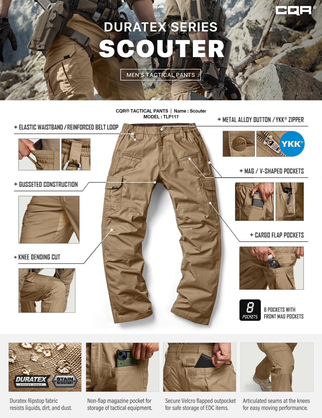 CQR Men's Tactical Pants, Water Resistant Ripstop Cargo Pants, Lightweight EDC Work Hiking Pants, Outdoor Apparel, Raider Cougar, 32W x 34L