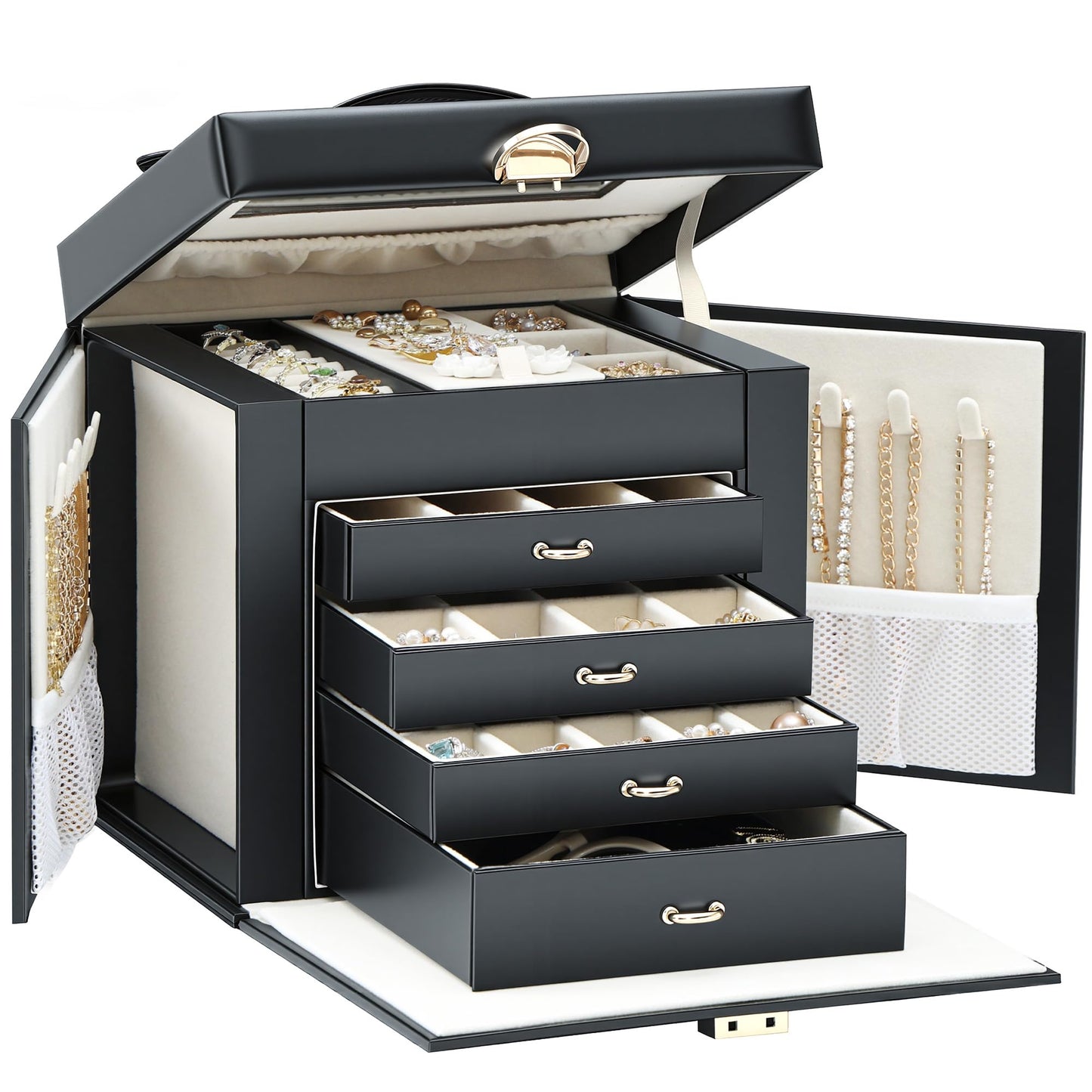 Jewelry Box for Women with Lock, 5-Layer Jewelry Organizer with Mirror & 4 Drawers, Lockable Faux Leather Storage Case for Ring Necklace Bracelet Earring, Elegant Gift for Girls Mom Girlfriend, Black