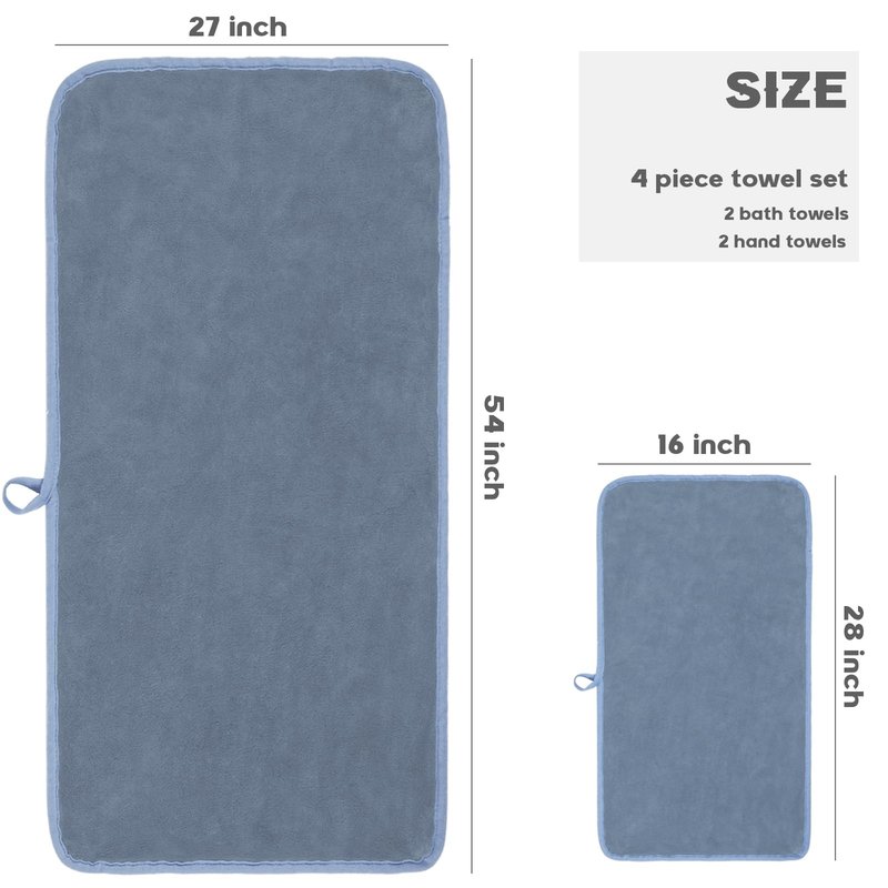 Exclusivo Mezcla 4-Piece Ultra Soft Bath Towel Set, Large Highly Absorbent Microfiber Coral Velvet Towel, Quick Drying for Body, Bathroom, Gym, Spa, 2 Bath Towels, 2 Hand Towels, Grey Blue