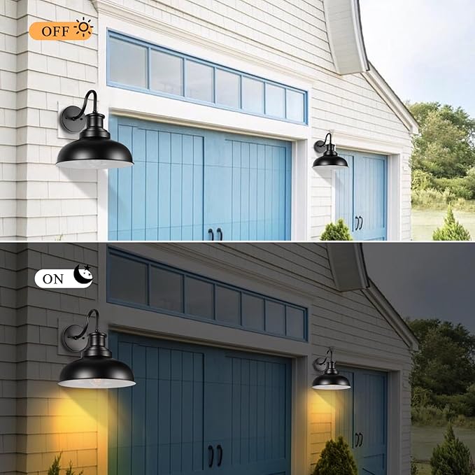Outdoor Gooseneck Barn Light Outdoor Wall Sconce Farmhouse Exterior Wall Mount Light Vintage Outside Lighting Fixture Industrial Black White Lantern for Porch, Entryway, Garage, 1 Pack