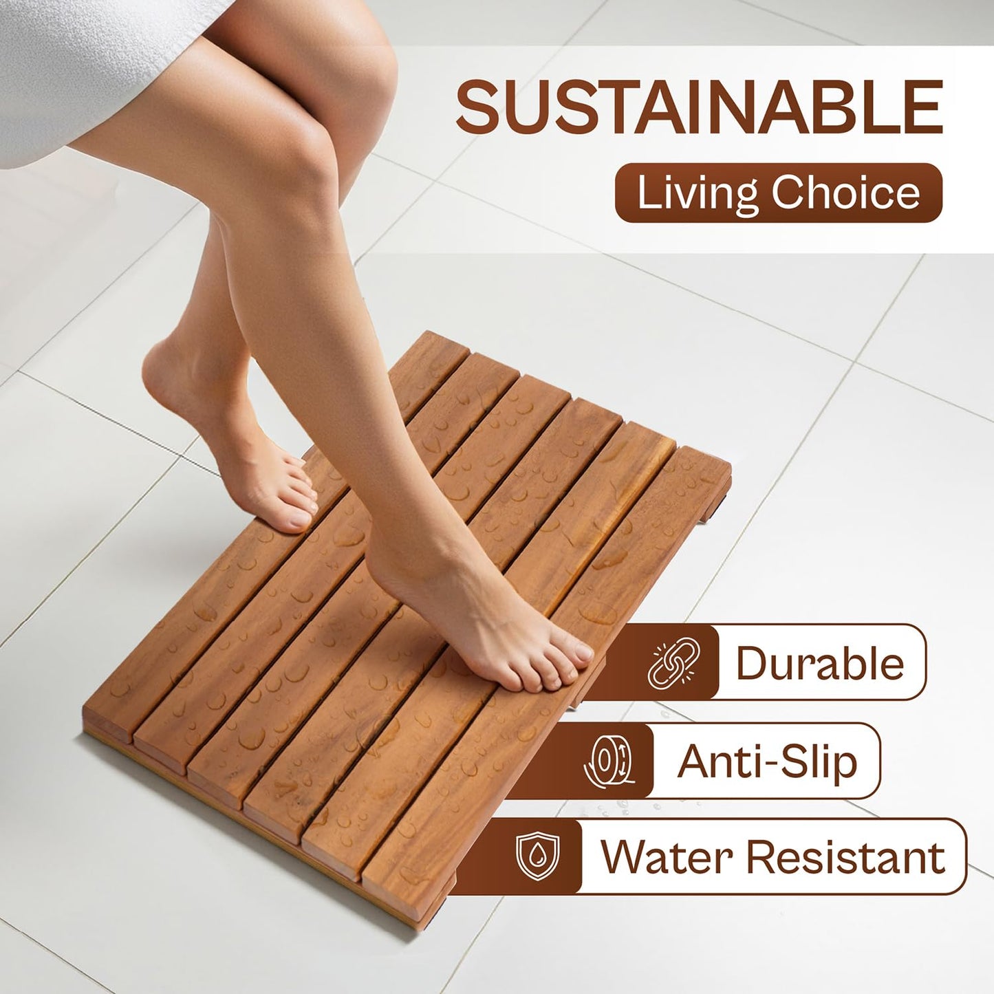 AN68 Wooden Shower Mat 13×20 in – Solid Acacia Wood Bath Mat, Non-Slip Feet, Slatted Fast-Drainage Design – Spa, Bathroom & Outdoor Use (Acacia)