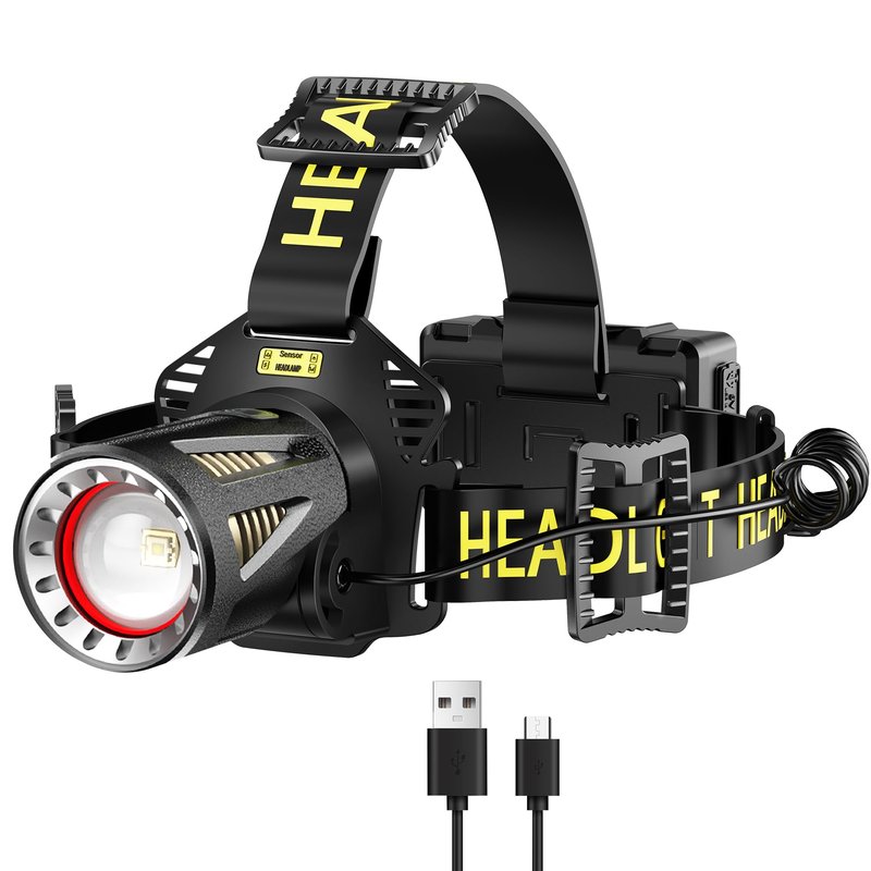 MAXME100 Long Throw Rechargeable Headlamp with 500m Beam Distance, Super Bright Headlamp, 15H Runtime, Rechargeable Head Lamp, Zoomable USB-C Adults Gift