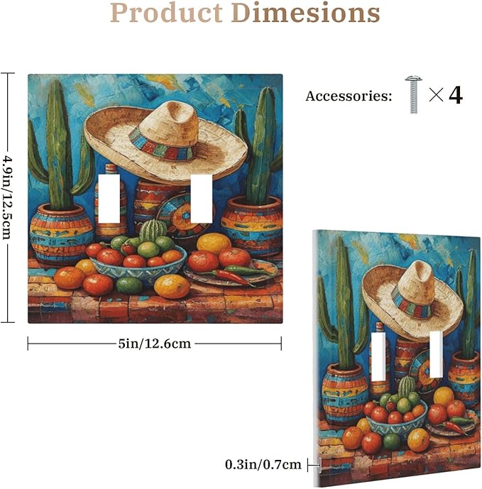 Decorative Art Light Switch Covers Mexican Sombrero & Serape Vibes 2 Gang Double Toggle Wall Plate Decorative Switchcover Electrical Switchplate for Home Decor