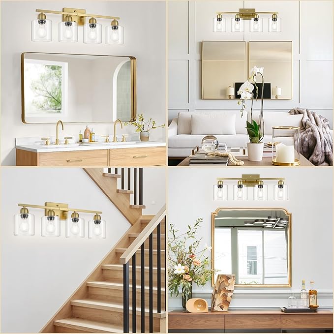 Modern Brushed Gold 4 Light Bathroom Light Fixtures, 24 inch Vanity Lights for Bathroom with Clear Glass for Mirror Kitchen Living Room Hallway Cabinet Porch