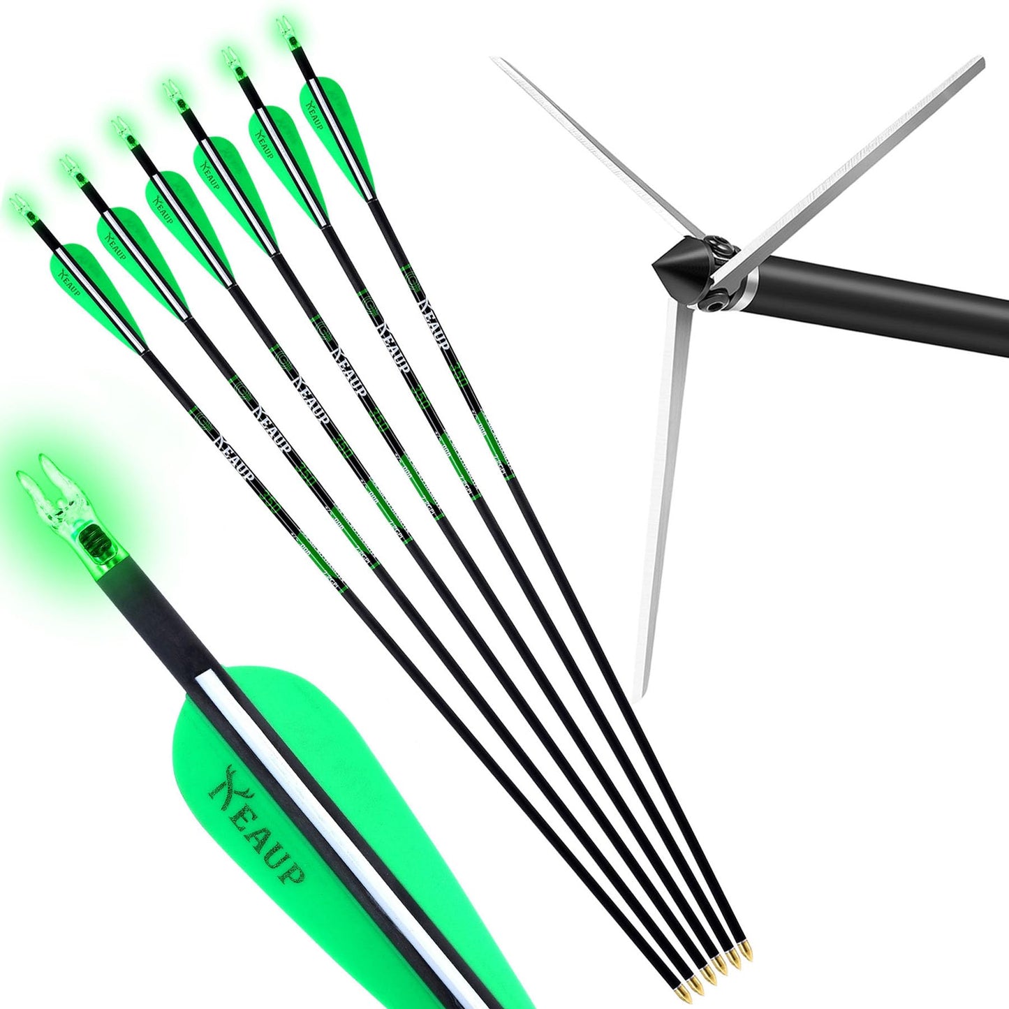 KEAUP 6 Pack 30 Inch Carbon Arrows for Compound Bow with 100 Grain Turkey Broadheads & Lighted Nocks Practice Target Hunting Arrows for Compound Recurve Bow (Spine 400)