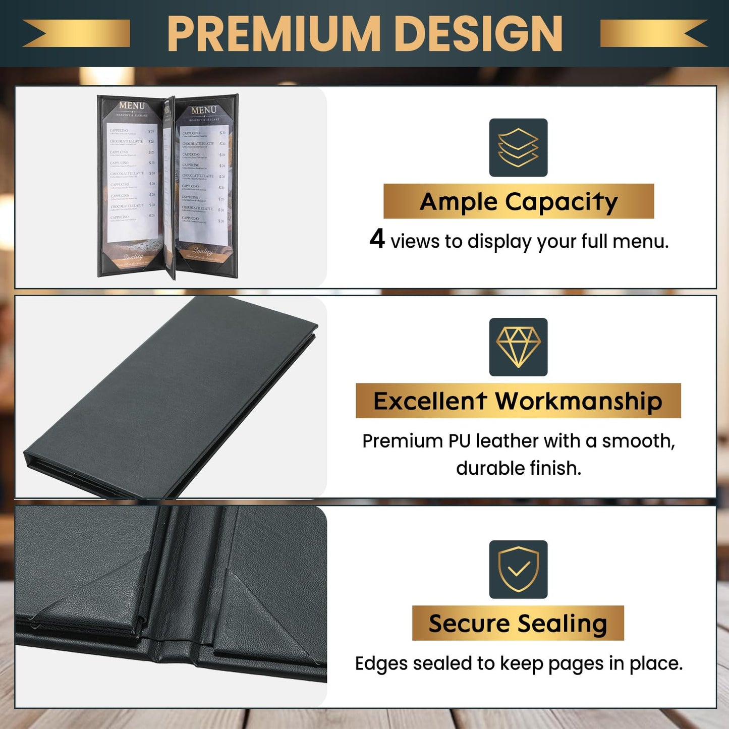 AMGSH 10 Pack 4 View Menu Holder Menu Covers 4.25" x 11" | 10 Pack Black Leather Menu Sleeves Book Style for Restaurant Coffee Bars Wine List (4 View, 10 Pack)