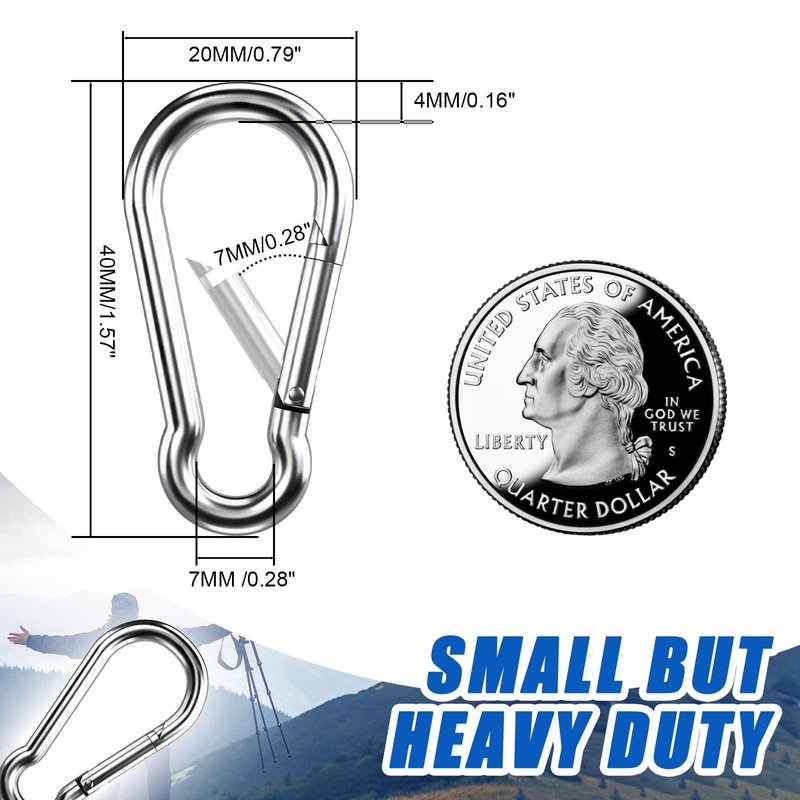 Small Carabiner Clip Hooks, 15pcs 1.57 inch Carabiners Heavy Duty, 304 Stainless Steel Spring Snap Hook Fits Camping Hiking, Metal Clips for Rope Chain Keys Rings