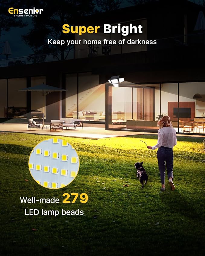 Ensenior Solar Lights Outdoor, IP65 Waterproof Motion Sensor Outdoor Light with Remote Control, 279 LED 4 Heads Solar Security Light with 4 Mode, 270° Wide Angle Solar Flood Light for Outside, 3 Packs