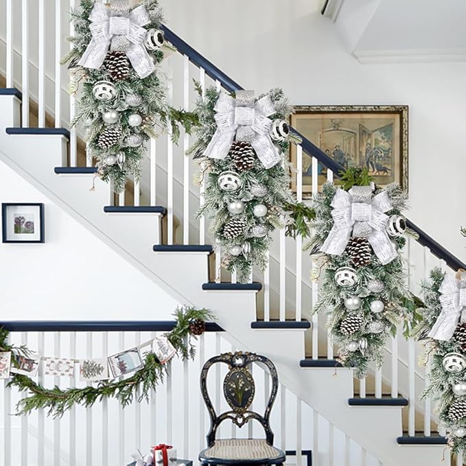 30" Christmas Teardrop Swag for Front Door Artificial Winter Swag Garland with Pine Cones, Berry Clusters, White Ball Ornaments and Ribbons for Thanksgiving Holiday Christmas Decoration