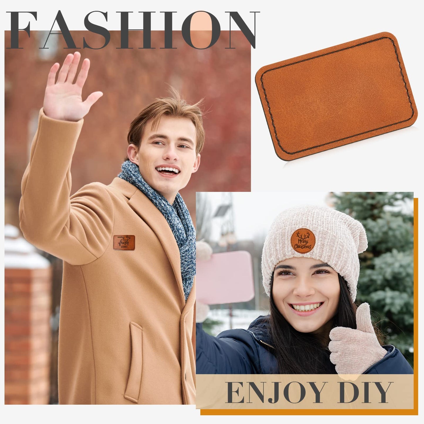 Dunzy 60 Pcs Blank Leatherette Hat Patches Laserable Leatherette Patch Iron on Heat Press with Adhesive Leather Patches for Hats Clothes Repair(Khaki,3 x 2 Inches)