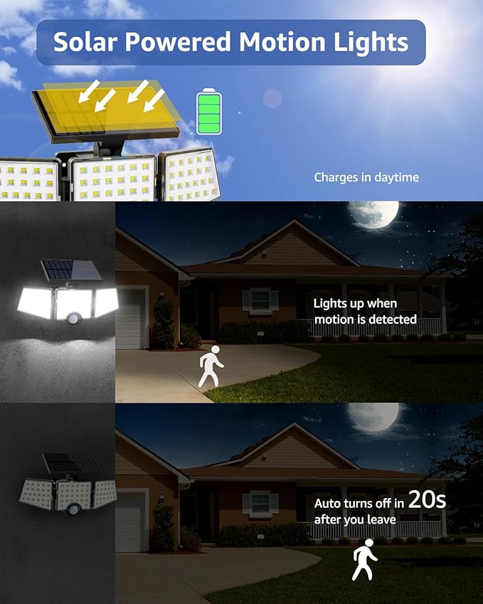 LE Solar Lights for Outside, Solar Lights Outdoor with Motion Sensor, WL4000 High Brightness, 3 Adjustable Heads 270° Wide Lighting Angle, IP65 Waterproof, Wireless Wall Lamp for Yard Garage, 2 Packs