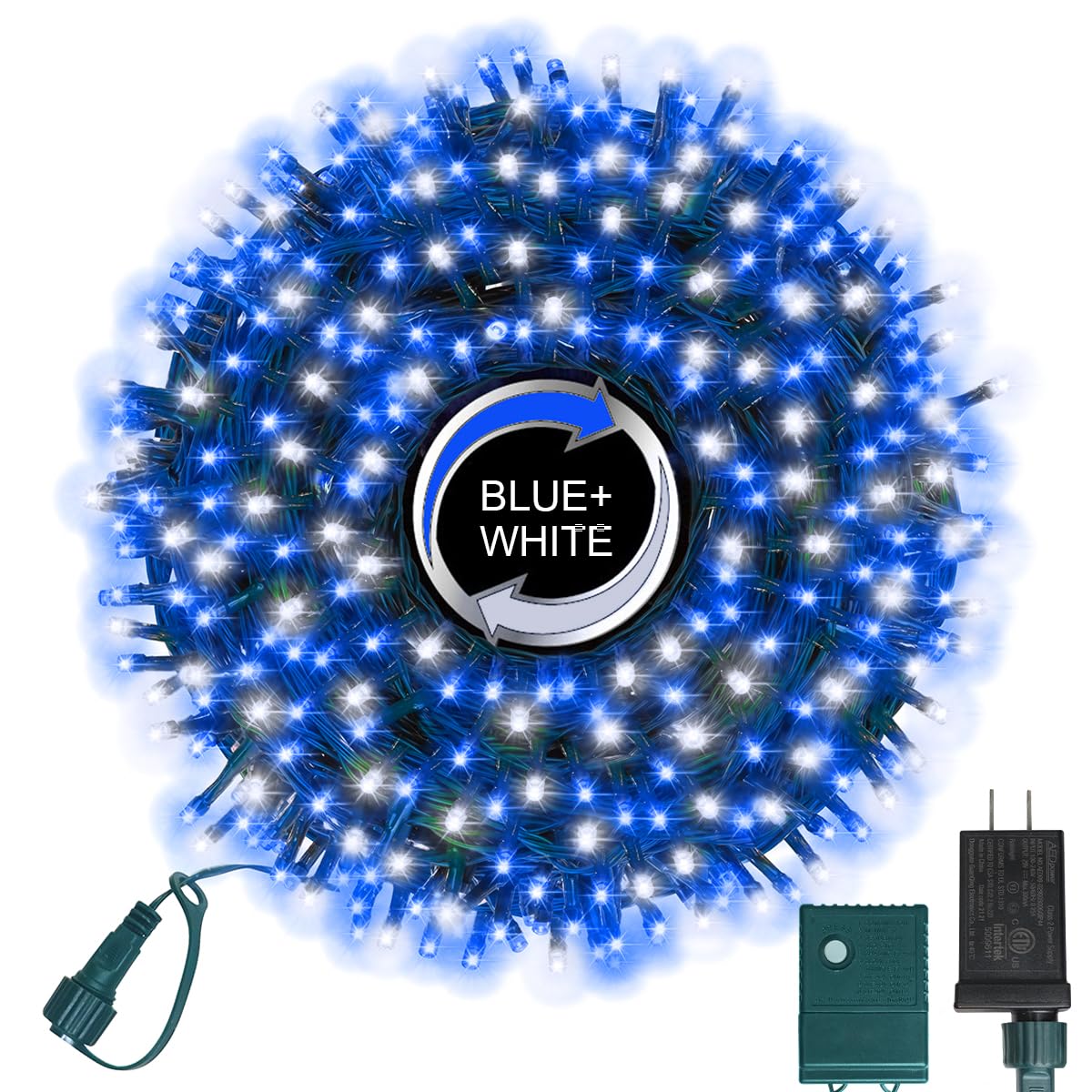 LAMPHOME 500 LED Blue White String Lights, 46ft 16 Modes Plug in Twinkle Fairy Lights, Waterproof Blue LED Christmas Lights Outdoor for Christmas Tree Bedroom Party Wedding Decor