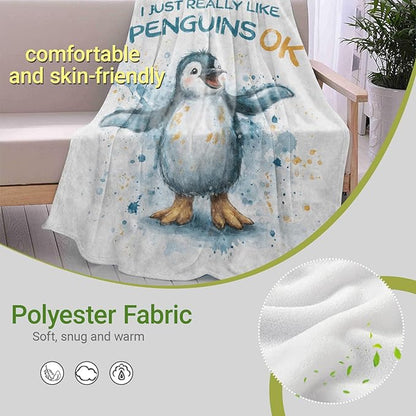 Cute Penguin Lightweight Throw Blanket, Watercolor Cartoon Animal with Splash Ink, Warm Soft Cozy Flannel Blankets, Couch Dorm Home Decor All Season Use, 60x50in, White, Gifts for Kids Girls