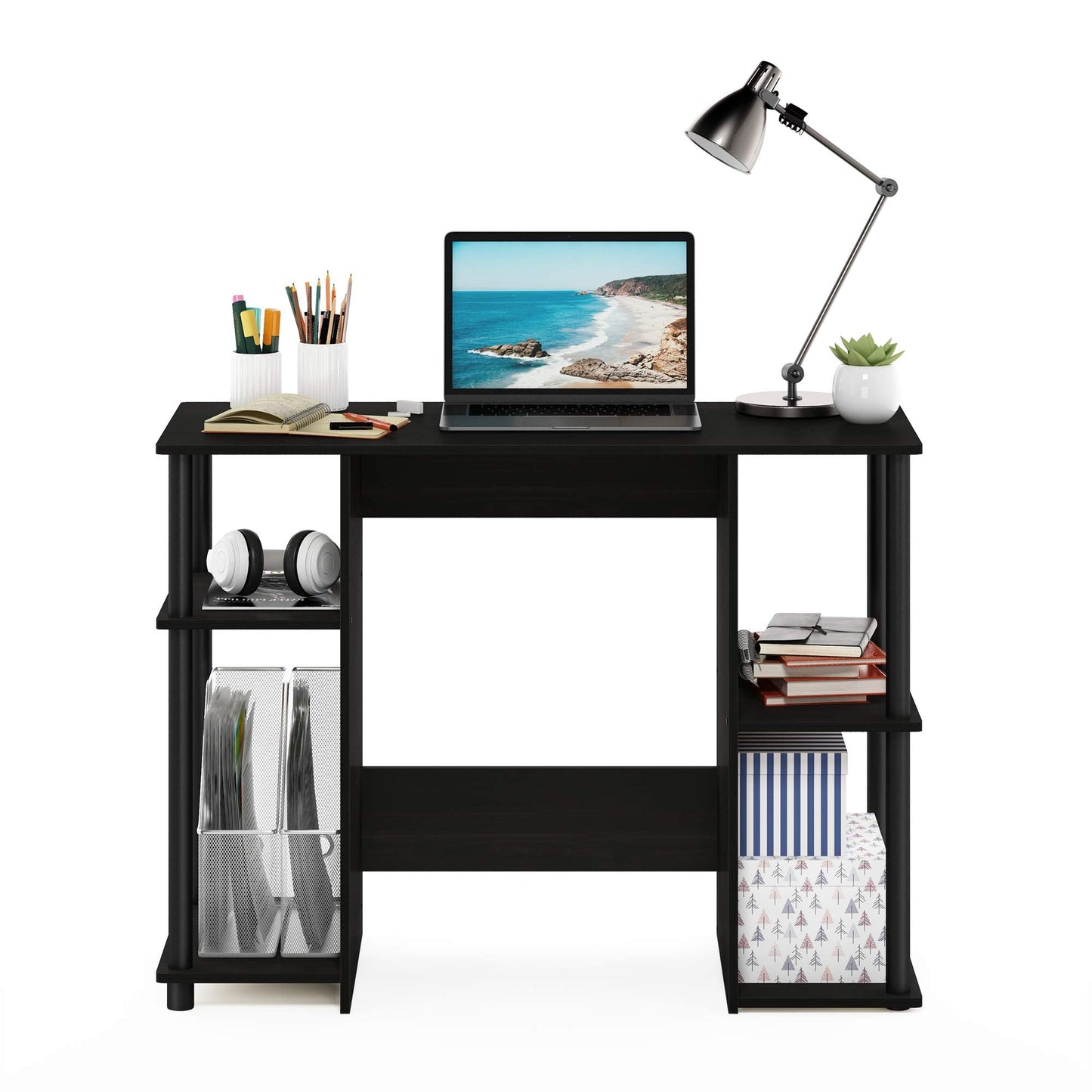 Furinno JAYA Desk, 38.4" Wide Gaming Desk, Computer Study Desk, Office Desk with Side Shelves, Open Storage, for Home Office, Bedroom, Dorm, Study Room, Espresso