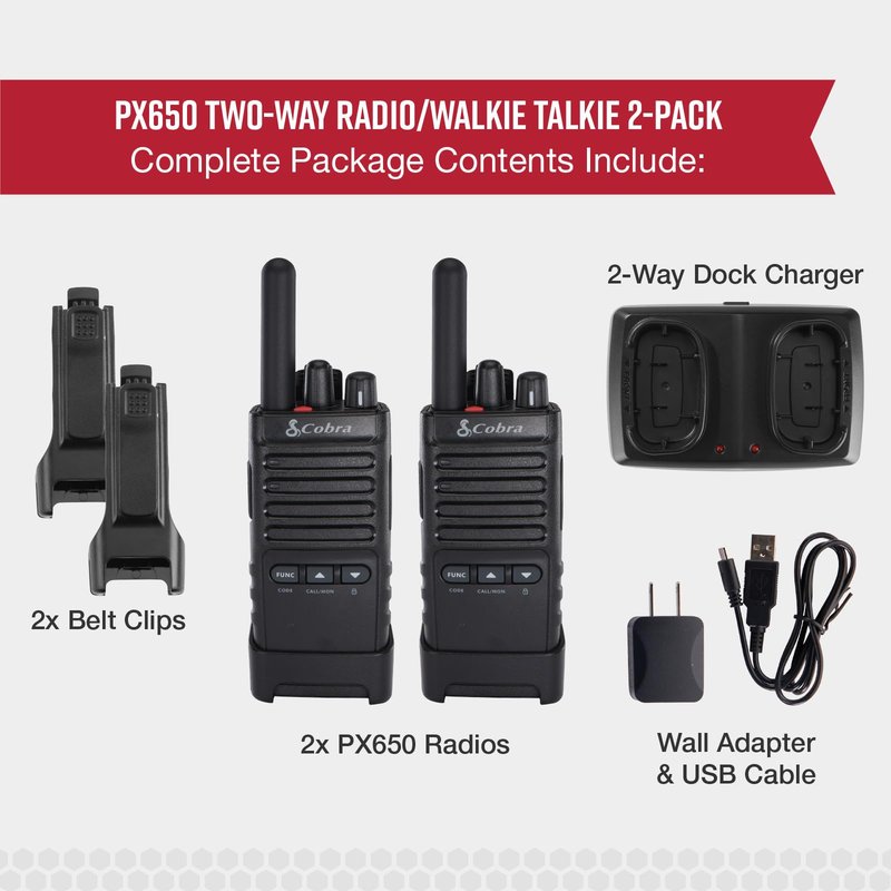 Cobra PX650 - Professional/Business Walkie Talkies - Rechargeable, 300,000 sq. ft/25 Floor Range, Dust Protected and Splashproof (IP54 rating), Two-Way Radio Set (2-Pack)