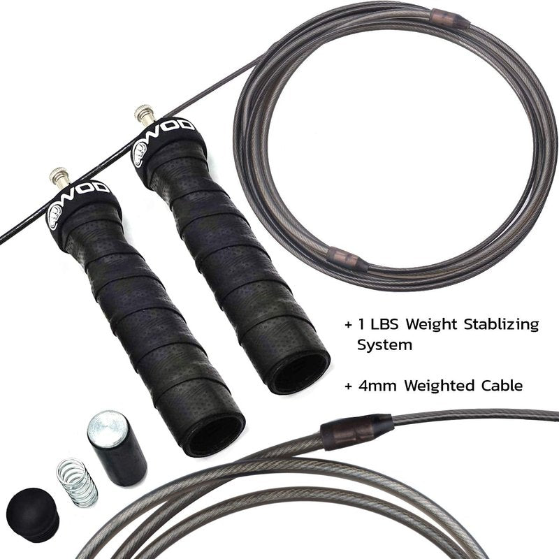 WOD Nation Weighted Jump Rope with Removable Weights & Adjustable Handles - Dual PVC Cables for Speed Training Equipment - Boxing & Cardio Resistance Training - Black, PVC