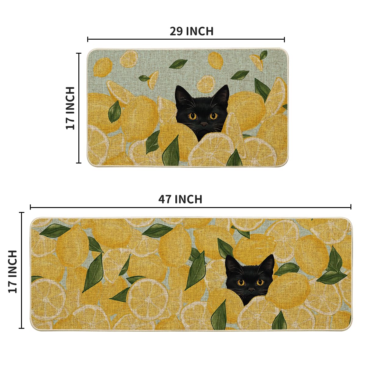 Artoid Mode Lemon Black Cat Summer Kitchen Mats Set of 2, Seasonal Low-Profile Home Decor Kitchen Rugs for Floor - 17x29 and 17x47 Inch