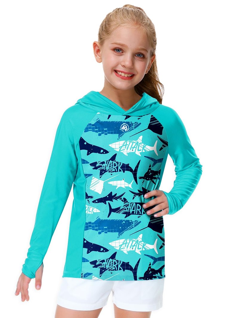 Kids Hooded Swim Top Boys Shark Print Sun Shirt Rash Guard Uv Protection Athletic SPF Shirts Aqua 7-8 Years