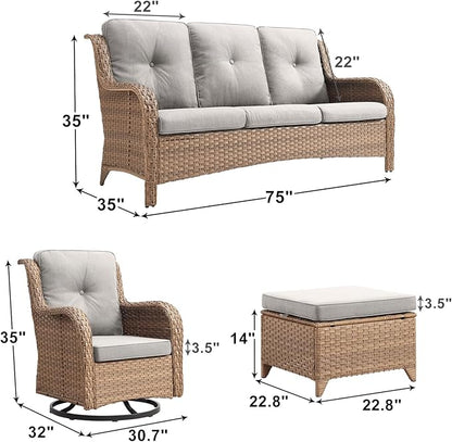 Rilyson Patio Furniture Swivel Chairs Set - 5 Piece Wicker Rattan Outdoor Sectional Conversation Sets with 2 Rocking Swivel Chairs,2 Ottomans and 1 Sofa for Porch Deck Garden(Yellow/Beige)