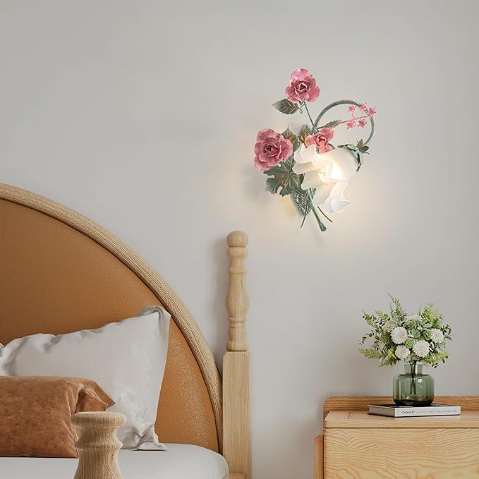 Vintage Floral Wall Sconce,Metal Wall Lamp with Glass Lampshade,Mounted Wall Lights for Bedroom Living Room Corridor Vanity Hallway E26 Wall Art Scones 40 * 40Cm Left