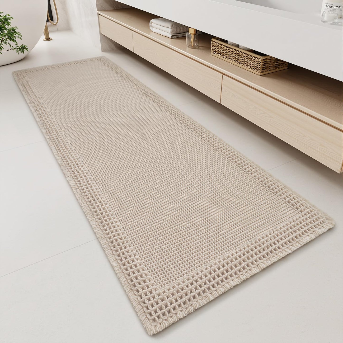 RESARE Waffle Bathroom Runner Rugs, Super Absorbent Bath Mat Non Slip Washable Quick Dry, Upgraded Ultra Soft Boho Bath Rugs with Tassels, Farmhouse Home Decor Accessories, 2'x6'(24"x72") Pale Beige