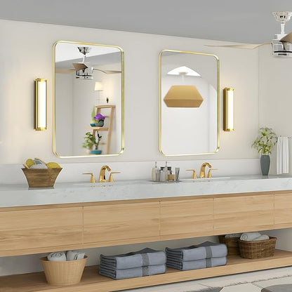 Wall Mount Mirror for Bathroom, Brushed Gold Metal Framed Rounded Corner Rectangular Vanity Mirror, Tempered Glass (28" x 36", Gold)