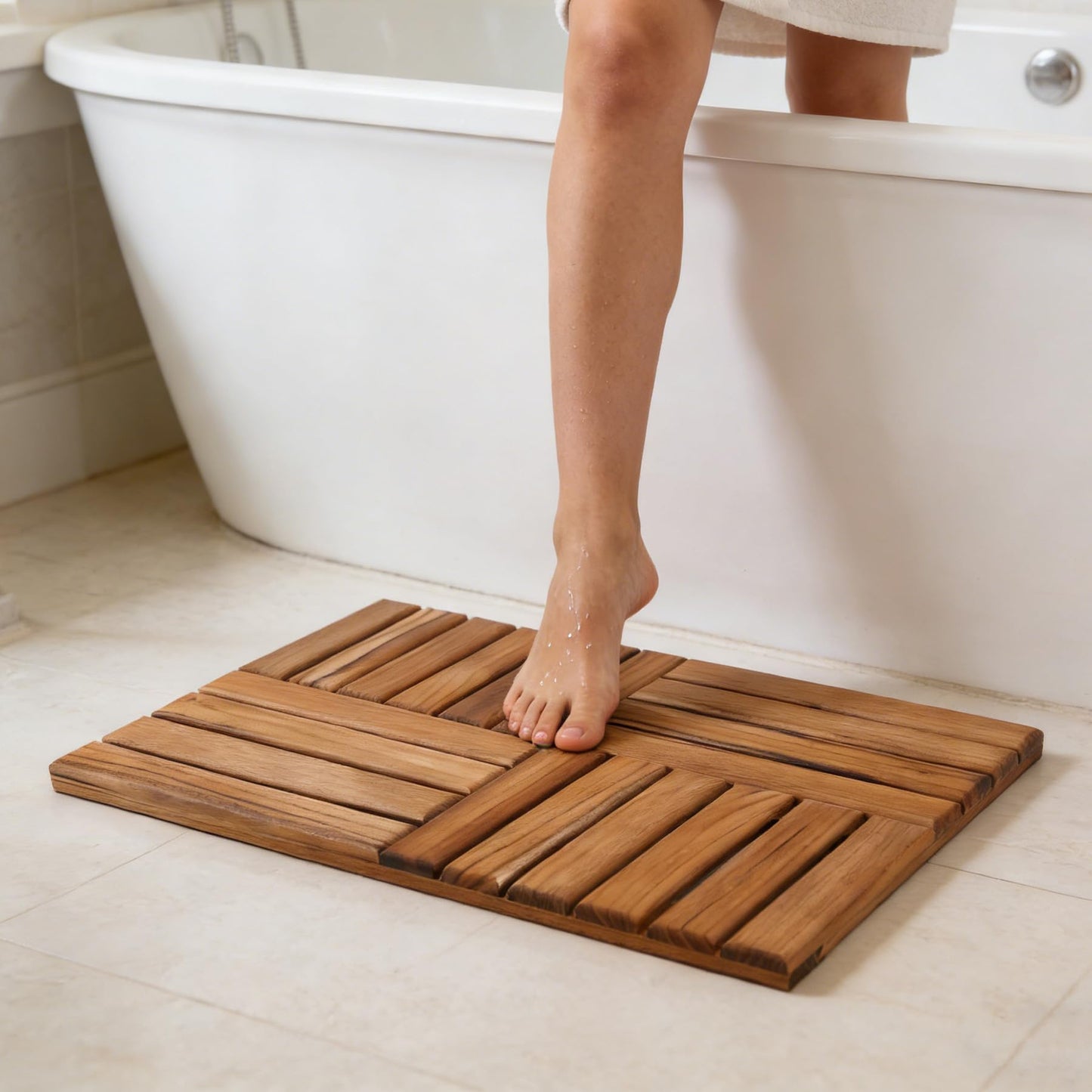 Utoplike Teak Wood Bath Mat, Wooden Shower Mat for Bathroom, 24 x 16 inch Non Slip Wood Floor Sturdy Mat for Inside Shower Luxury Spa Home or Outdoor