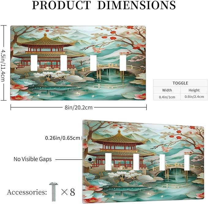 Asian Palace Traditional Bridge Cherry Blossoms Light Switch Covers Quad Toggle 4 Gang Wall Plate Decorative Switchplate Electrical Faceplate for Farmhouse Bathroom Living Decor
