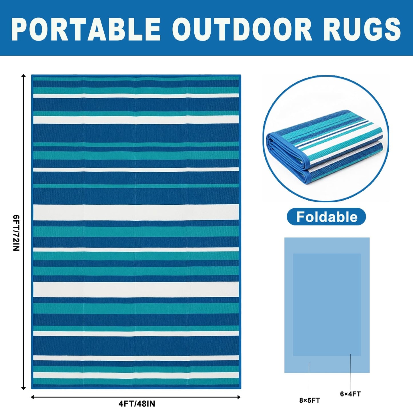 LANVIA Outdoor Patio Rug Camping Essentials - 4x6 FT Outdoor Plastic Straw Rug for Patio Clearance, Waterproof RV Essentials Outside Area Rugs for Deck Garden, Backyard Patio Furniture Set, Blue