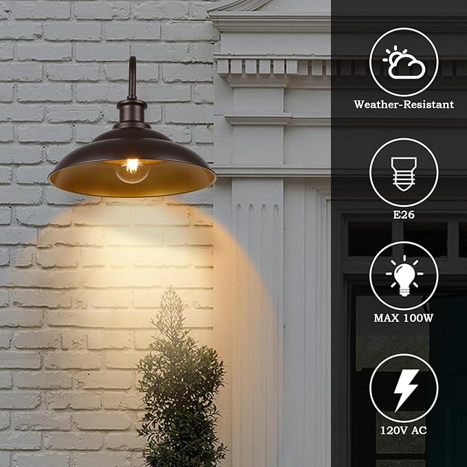Dusk to Dawn Outdoor Gooseneck Barn Light Fixture, 16 Inch Dome Large Wall Sconce Farmhouse Exterior Wall Mount Light for House Garage Patio Doorway, 2 Pack