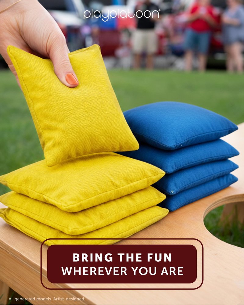 Play Platoon Weather Resistant Cornhole Bags - Set of 8 Regulation Size - Blue &Yellow - Durable Duck Cloth for Tossing Game, Includes Tote Bag