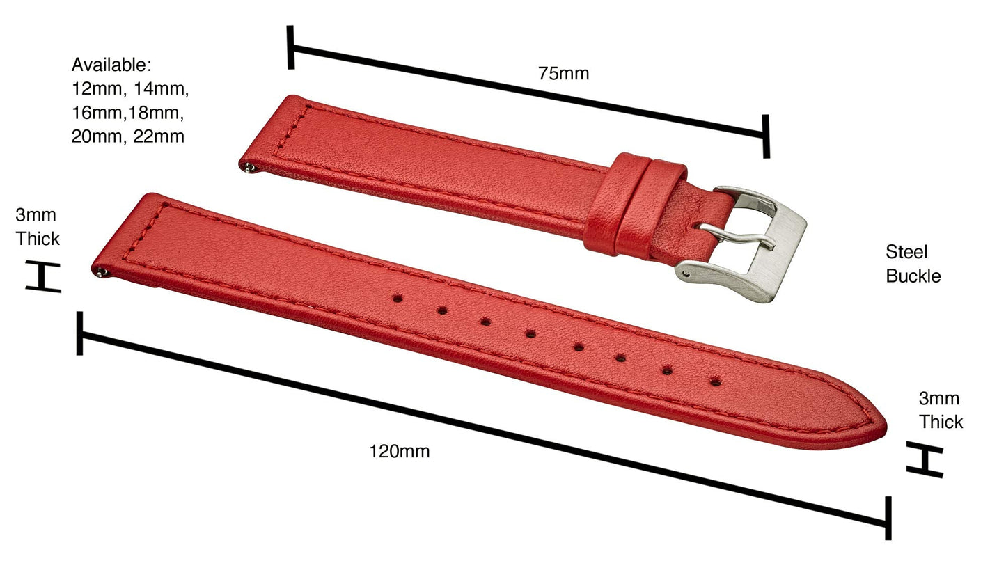 STUNNING SELECTION ALPINE flat Stitched Genuine Leather Watch strap with Quick Release Spring Bars - Red - 12 mm