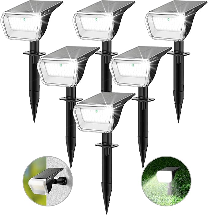 Linkind Solar Spot Lights Outdoor, 60 LEDs Solar Lights Outdoor Waterproof IP67 with 30% Conversion Rate, Ideal for Landscape, Garden, Yard, Pathway (6 Pack, Cool White)