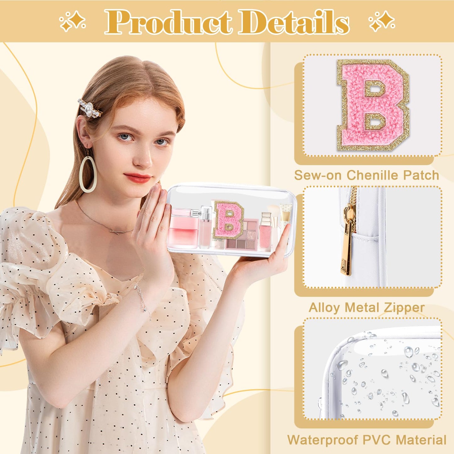 UIXIZQ Personalized Initial Letter Clear Makeup Bag,Preppy Small Nylon&PVC Cosmetic Zipper Bag with Chenille Letter,Travel Skincare Toiletry Bag,Monogram Christmas Gift for Teen Girls Women,B
