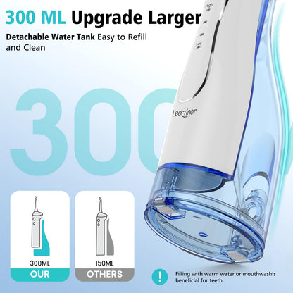 Leominor Water Flosser Pick for Teeth, 300ML Portable Oral Irrigator Upgraded Tank Removable,IPX7 Waterproof, Rechargeable Travel Teeth Cleaner, Professional Electric Flossing Machine (Pink)