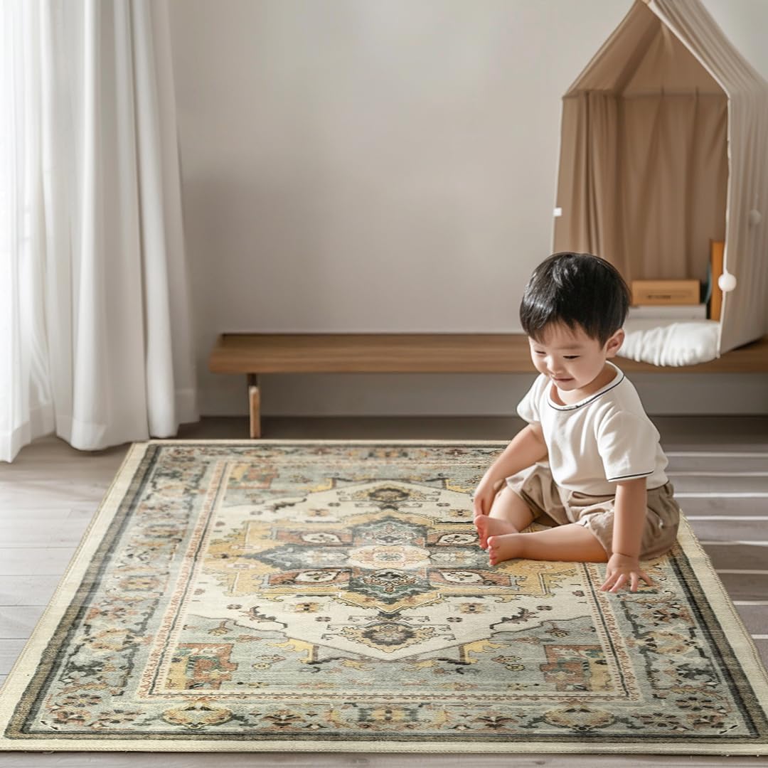Muddy Mat® Floral Multicolor 6x9 Boho Area Rug – Washable Area Rugs for Living Room, Bedroom & Dining Room – Modern Soft Low Pile Non Slip Carpet – Pet Friendly Waterproof Foldable Rugs for Home
