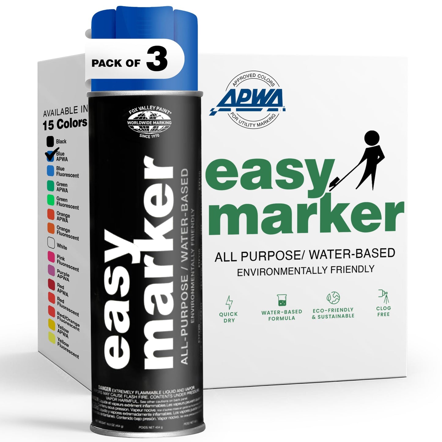 Fox Valley Easy Marker Inverted Marking Spray Paint, Blue APWA - 18 oz (Pack of 3), Upside Down Marking Paint for Grass & Tree Marking, Parking Lot, Quick Drying & Durable