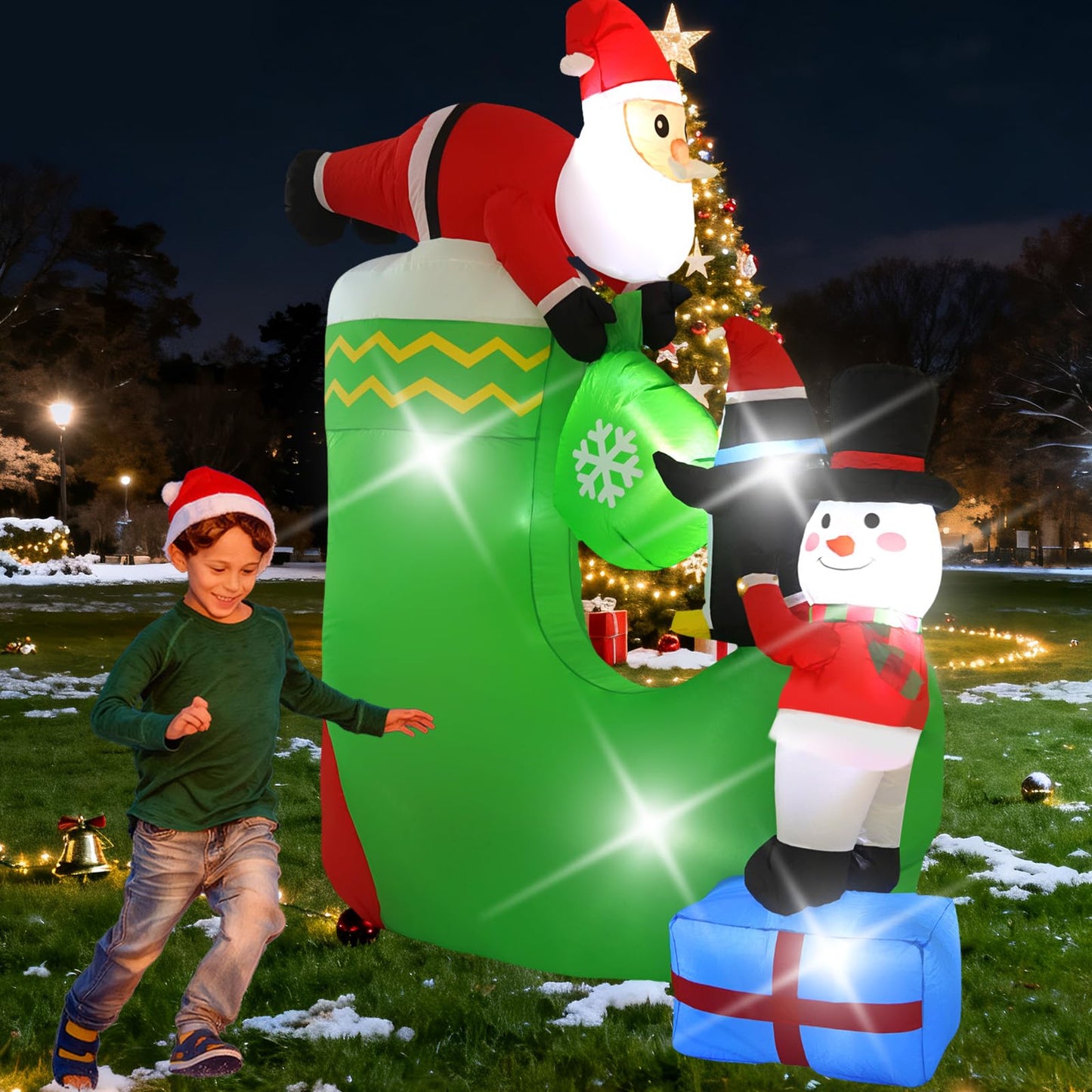 InfleasJoiy 7FT Santa Claus Inflatable Decoration with Built-in LED Lights, Christmas Outdoor Inflatable Decoration for Lawn, Yard, Garden, Patio