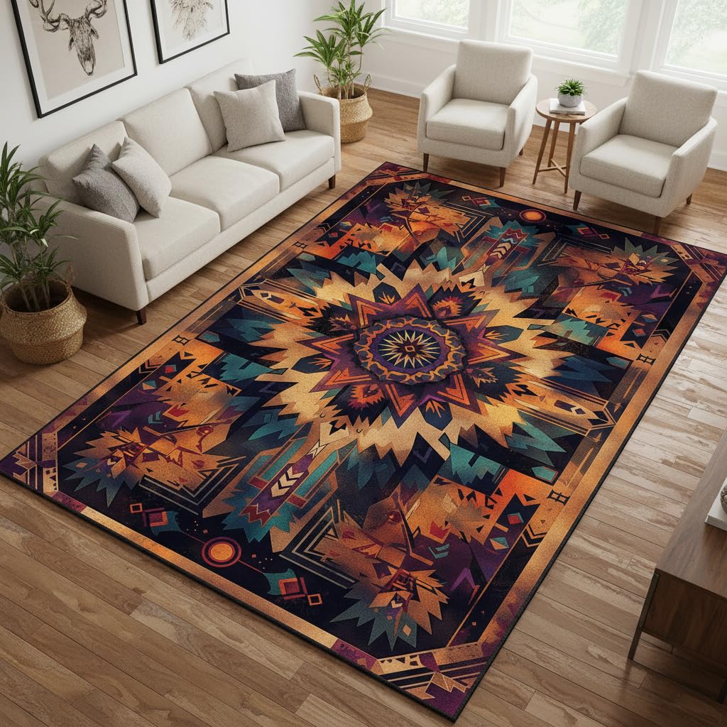 Southwestern Aztec Area Rug 3'x5' – Tribal Geometric Pattern Carpet for Living Room, Rustic Washable Boho Accent Decor, Native Inspired Non-Slip Floor Mat for Bedroom, Living Room, Cabin Lodge