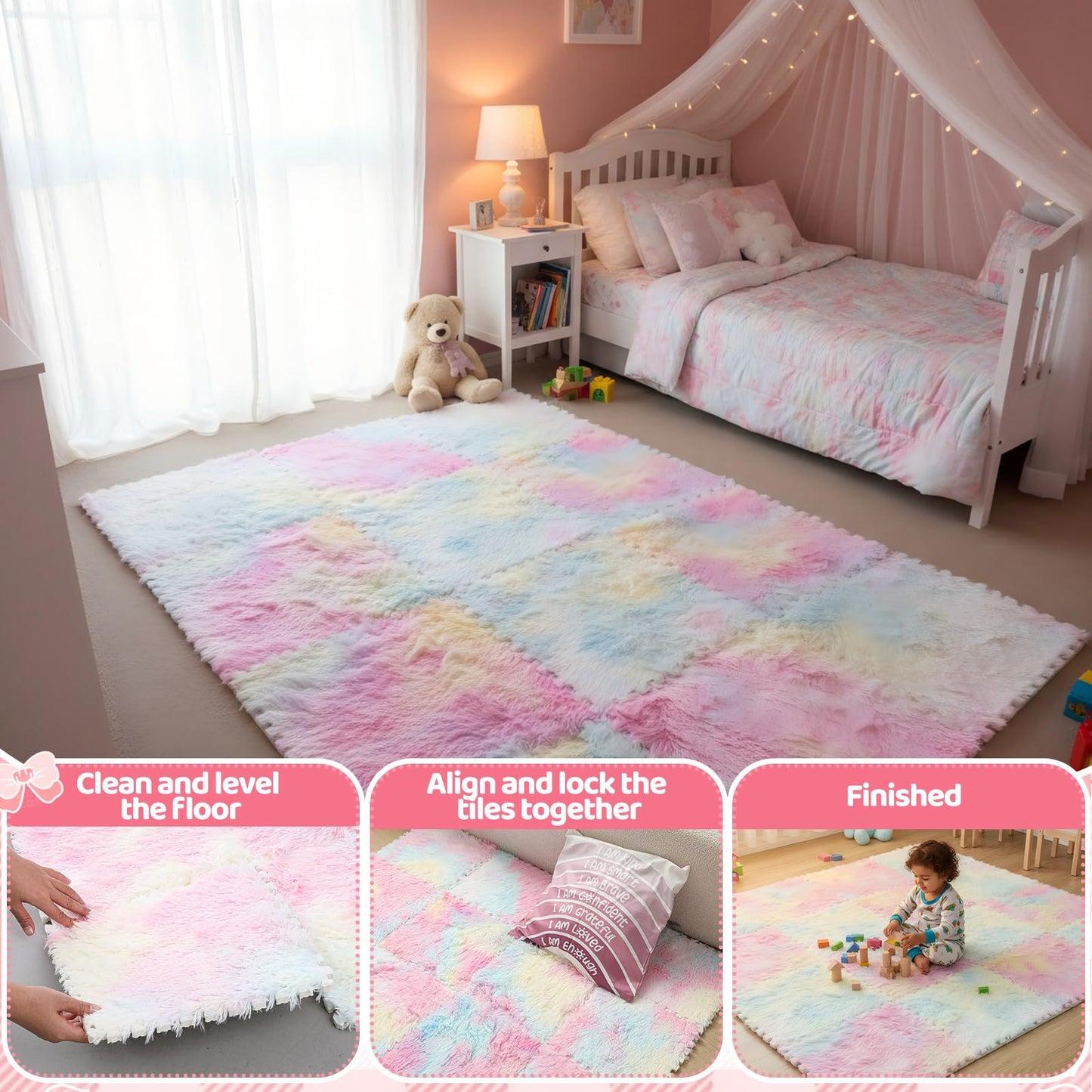 Maasechs 16 Pcs Pastel Rainbow Faux Fur Floor Tiles, 11.8 x 11.8 in Puzzle Girls Play Soft Tiles, 1.5 Inch Shaggy Square, EVA Foam Floor Mat for Nursery, Playroom, Bedroom, Toddler Room, Daycare