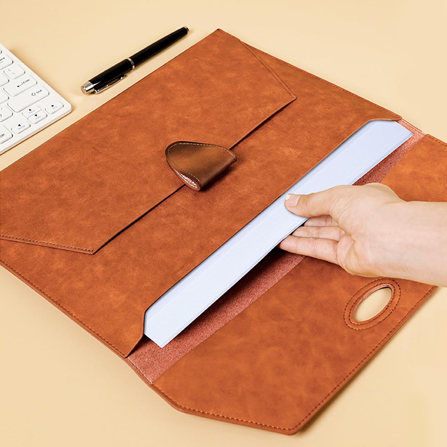 VANRA PU Leather File Folder Document Organizer Holder Waterproof Filing Envelope Case with 2 Pockets, A4 Portfolio Folder with Magnetic Snap Button Closure (Brown)