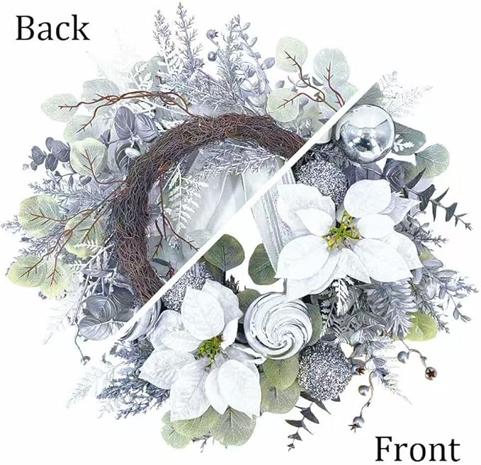 22 inch Christmas Wreath for Front Door, Lifelike Artificial Silver White Christmas Wreath, Green Fake Wreath Used for Wall, Window, Porch, Farmhouse, Indoor and Outdoor Home Decoration