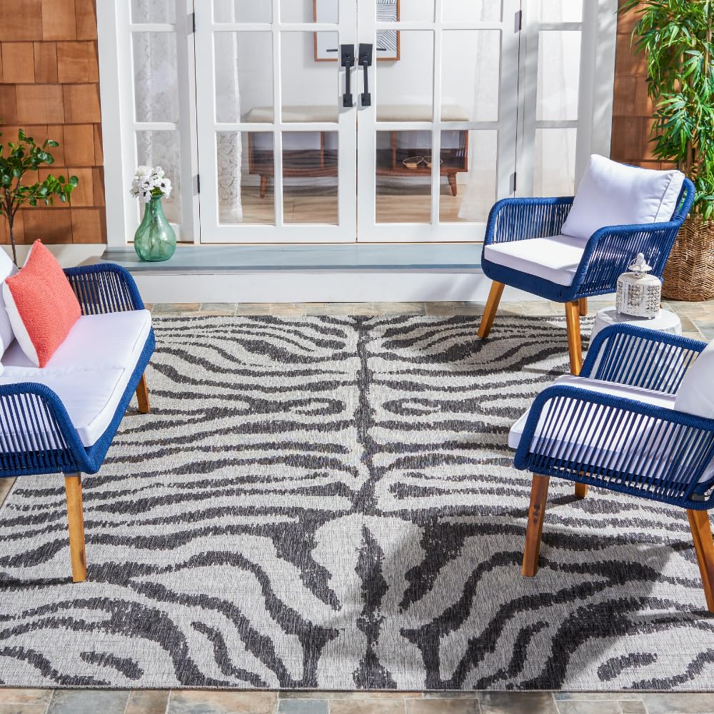 SAFAVIEH Washable Rug Outdoor Courtyard Collection - 9' x 12', Grey & Black, Zebra Print Design, Non-Shedding & Easy Cleaning, Ideal for Patio, Backyard, Mudroom (CY8444-37612)
