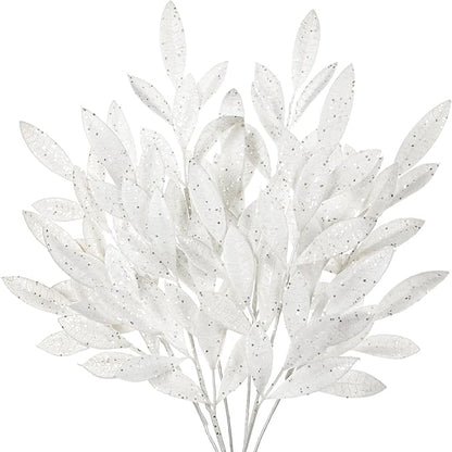 DILATATA 6Pcs Christmas Glitter Leaves Bay Leaves Spray 24" Artificial White Bay Leaf Picks Sprays Giltter Stems for Halloween Centerpiece Christmas Home Decor Home Decor - White