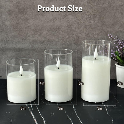 LEDHOLYT Rechargeable Flameless Candle, Flashing LED Pillar Real Wax Candle with Remote Control and Timer, Clear Glass Electronic Candles for Room Decoration, 1 Set of 3