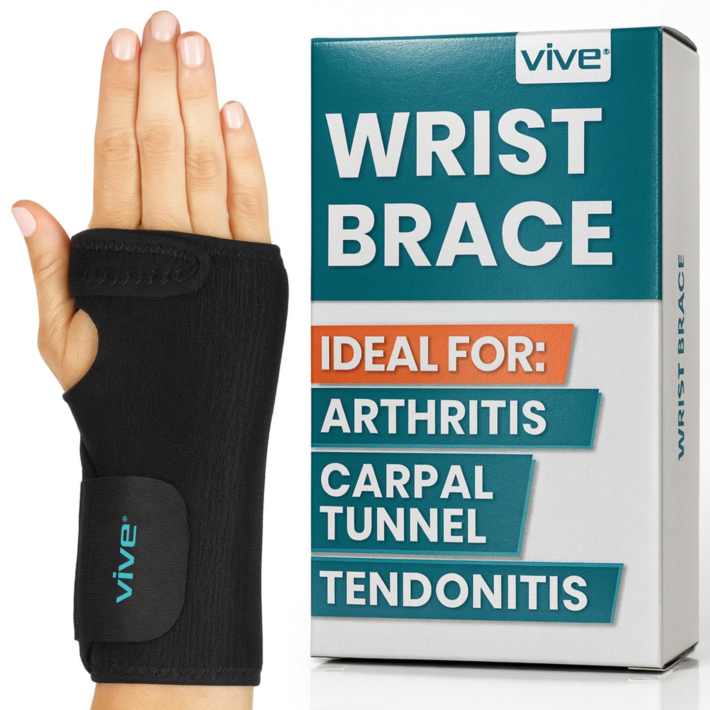 Vive Wrist Brace - Carpal Tunnel Hand Compression Support Wrap for Men, Women, Tendinitis, Bowling, Sports Injuries Pain Relief - Removable Splint - Universal Ergonomic Fit (Black, Right)
