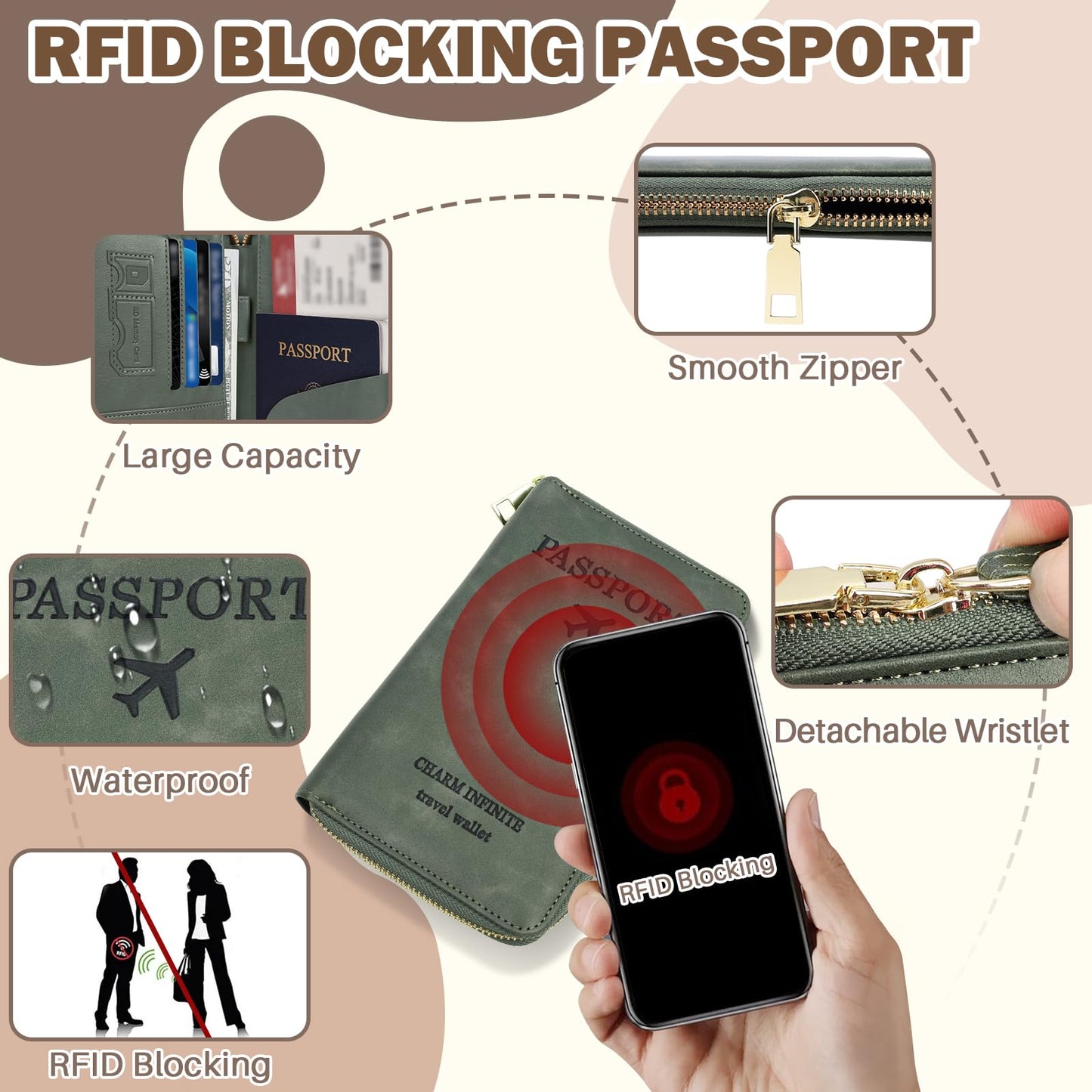 Playexen RFID Blocking Passport Wallet, Anti Theft PU Leather Passport Pouch with Tracker Case, Travel Document Organizer Zipper Wallet with Wrist Strap, Gifts for Women and Men (Brown)